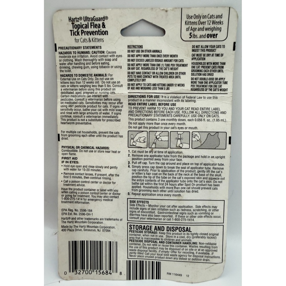 Hartz UltraGuard Topical Flea & Tick Prevention Cats 5 lbs+ 3 Month Supply - Picture 3 of 3